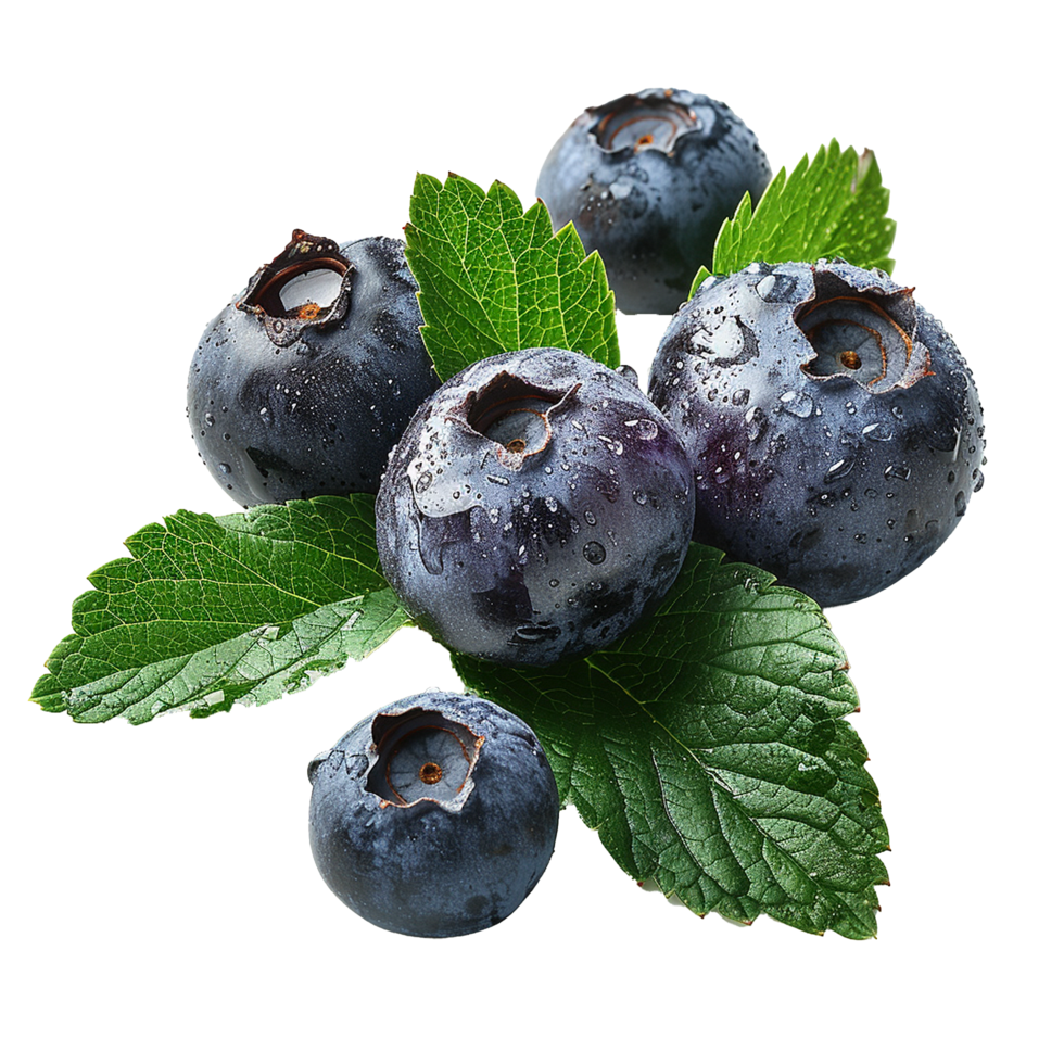 Fresh ripe bilberry and green leaf flying isolated on transparent background png