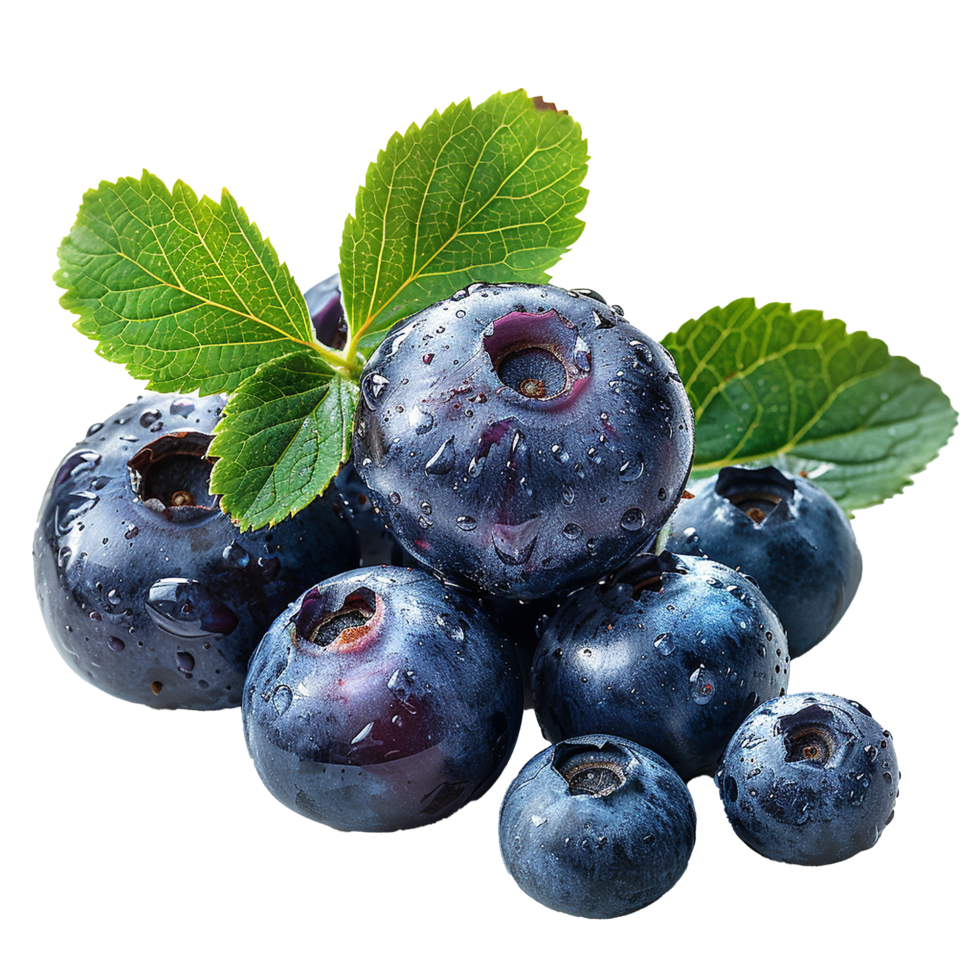 Fresh ripe bilberry and green leaf flying isolated on transparent background png
