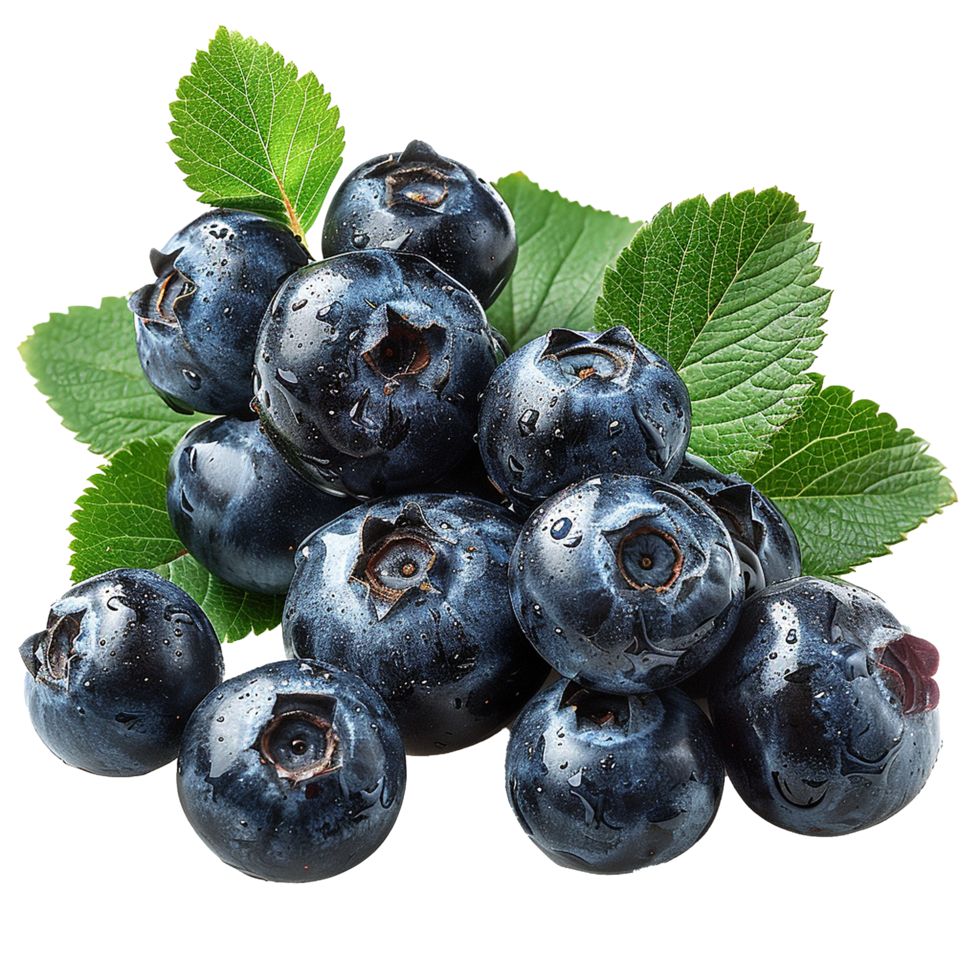 Fresh ripe bilberry and green leaf flying isolated on transparent background png