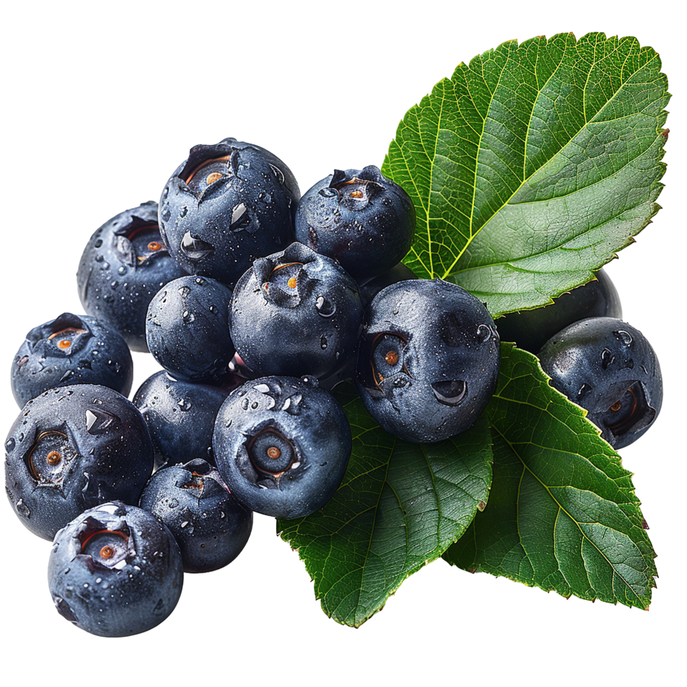 Fresh ripe bilberry and green leaf flying isolated on transparent background png