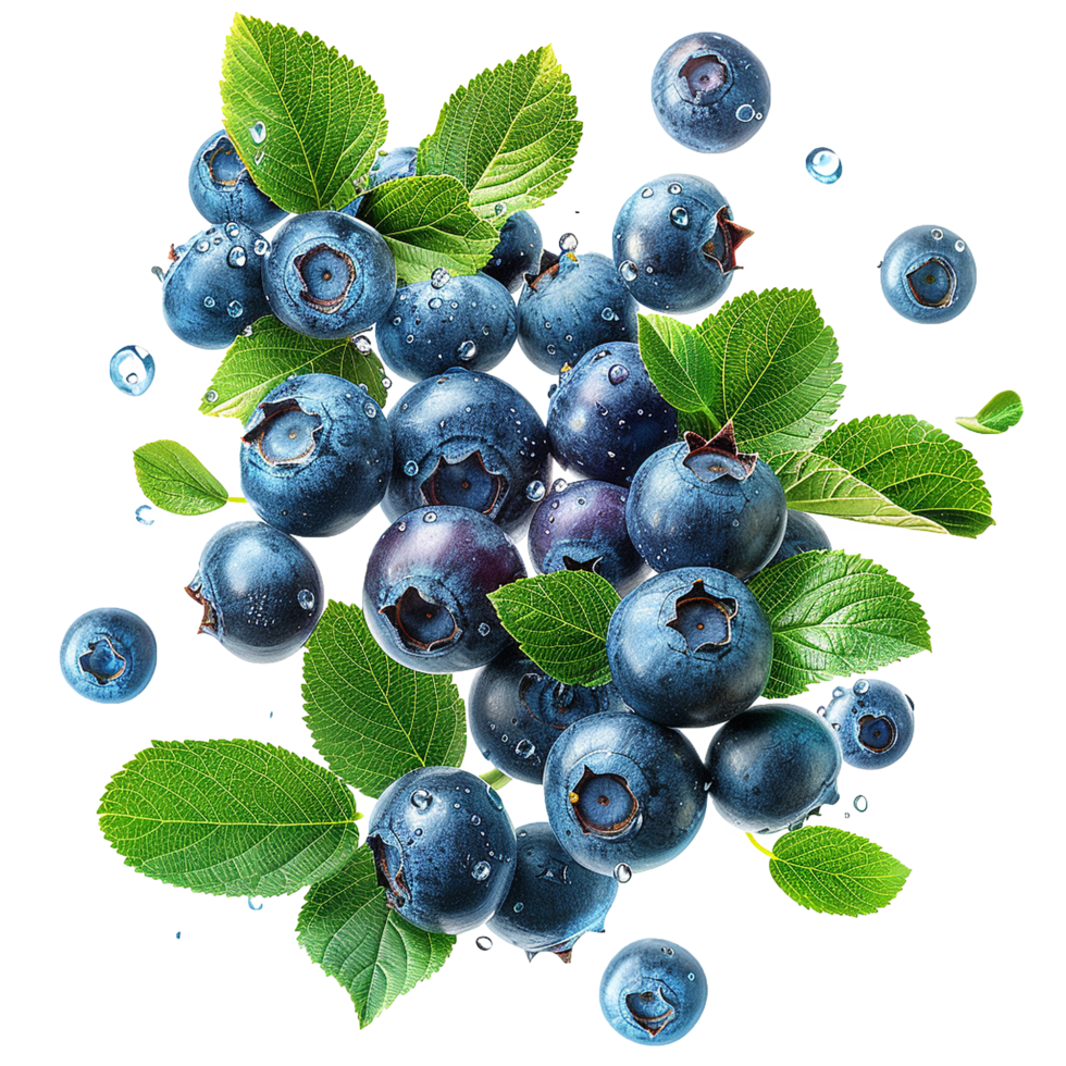 Fresh ripe bilberry and green leaf flying isolated on transparent background png