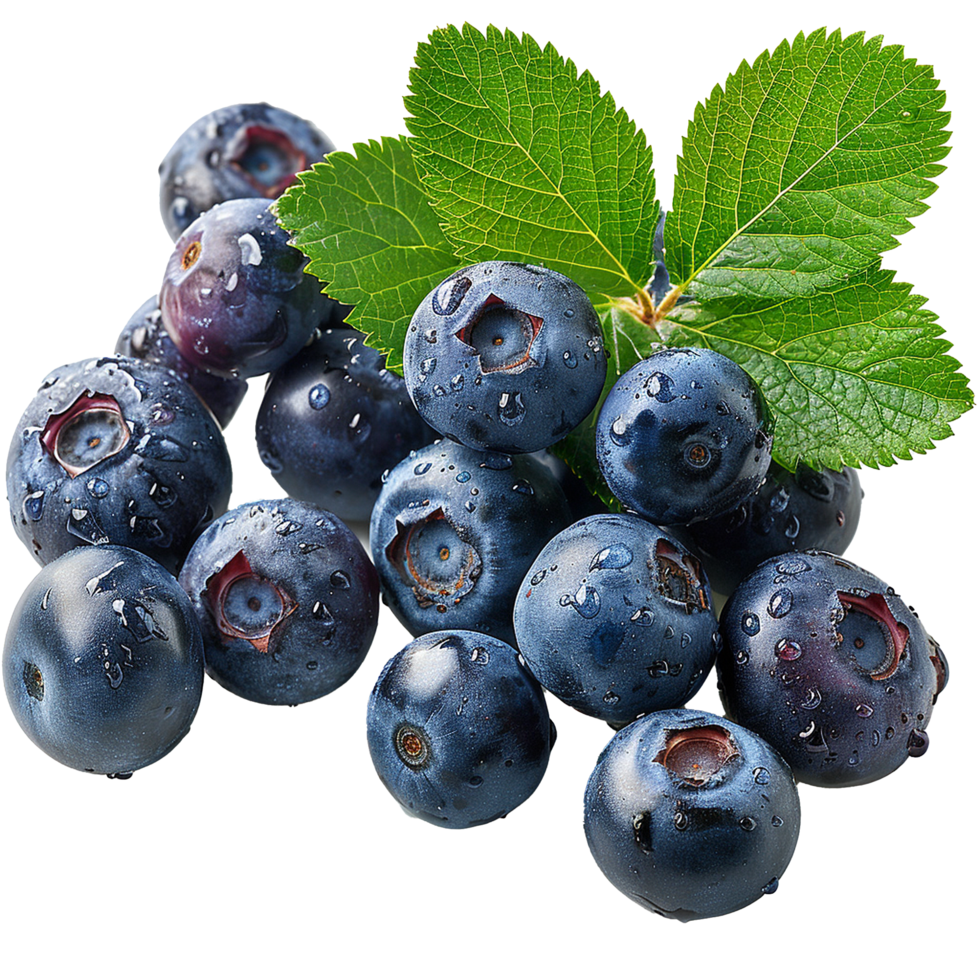 Fresh ripe bilberry and green leaf flying isolated on transparent background png