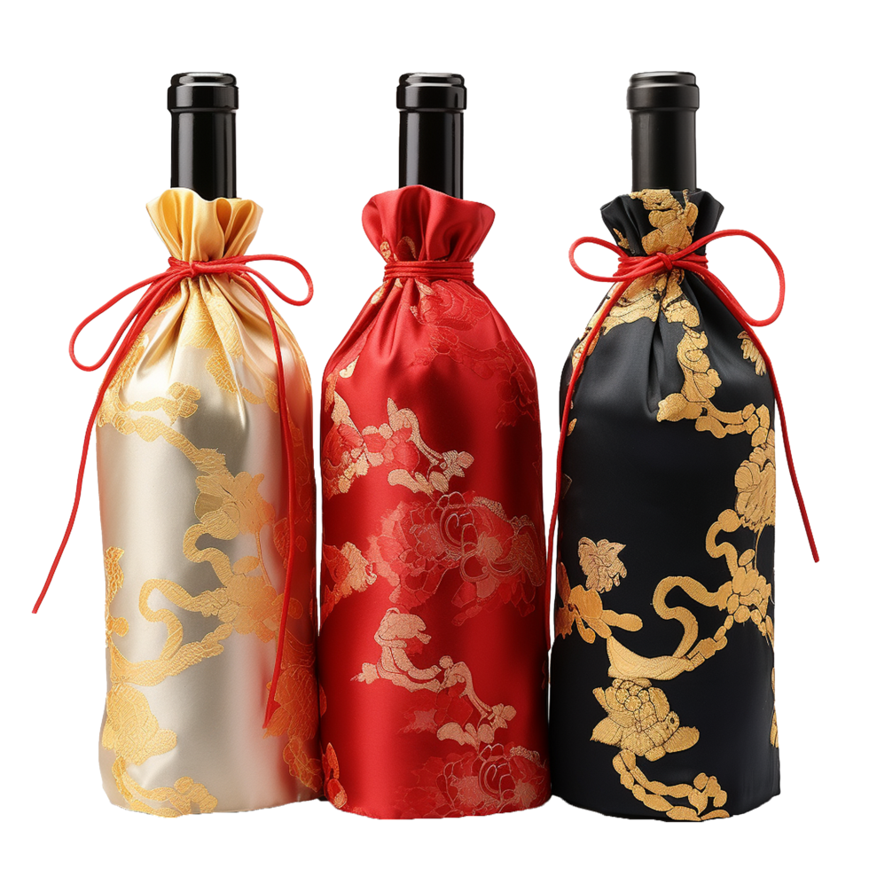 Applicable oriental silk wine bottle covers isolated on transparent background png