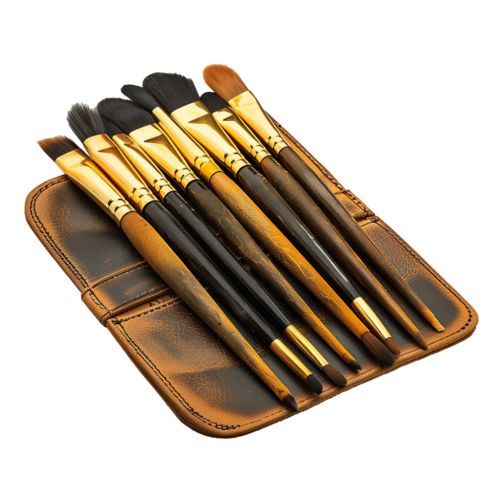 A leather case of fine art brushes isolated on transparent background png