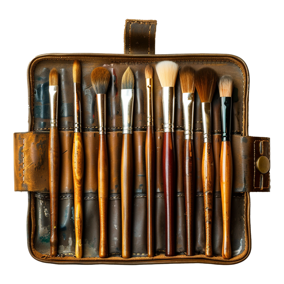 A leather case of fine art brushes isolated on transparent background png
