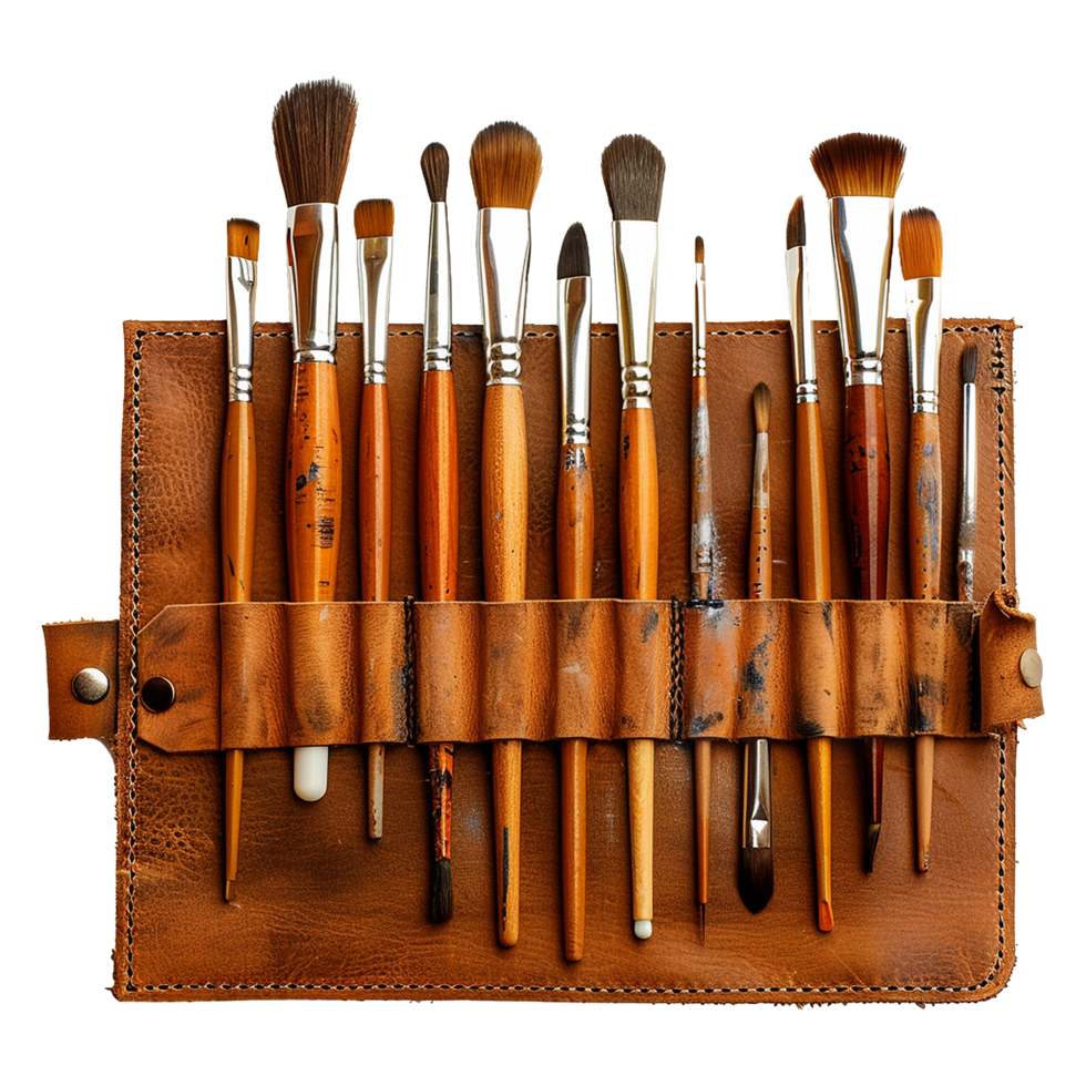 A leather case of fine art brushes isolated on transparent background png