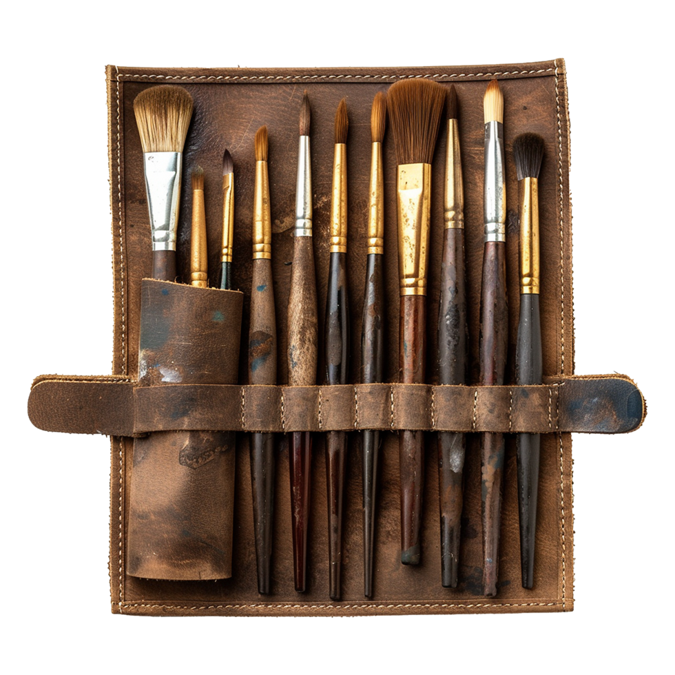 A leather case of fine art brushes isolated on transparent background png
