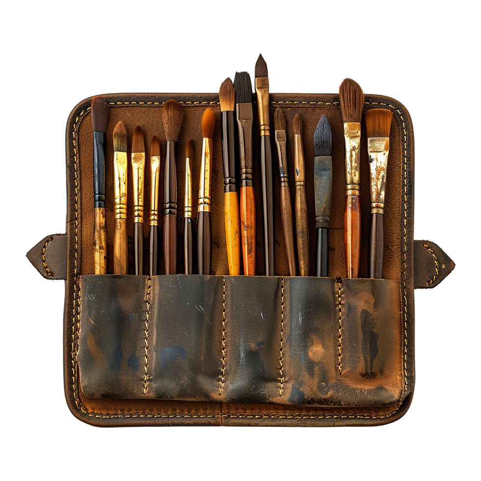 A leather case of fine art brushes isolated on transparent background png