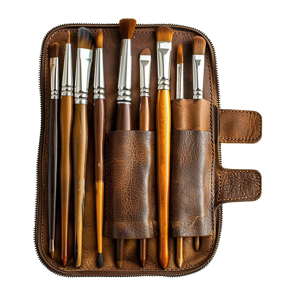 A leather case of fine art brushes isolated on transparent background png
