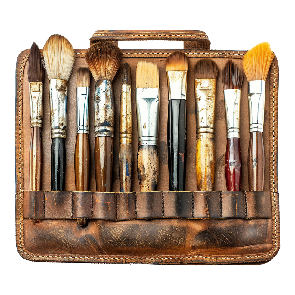A leather case of fine art brushes isolated on transparent background png