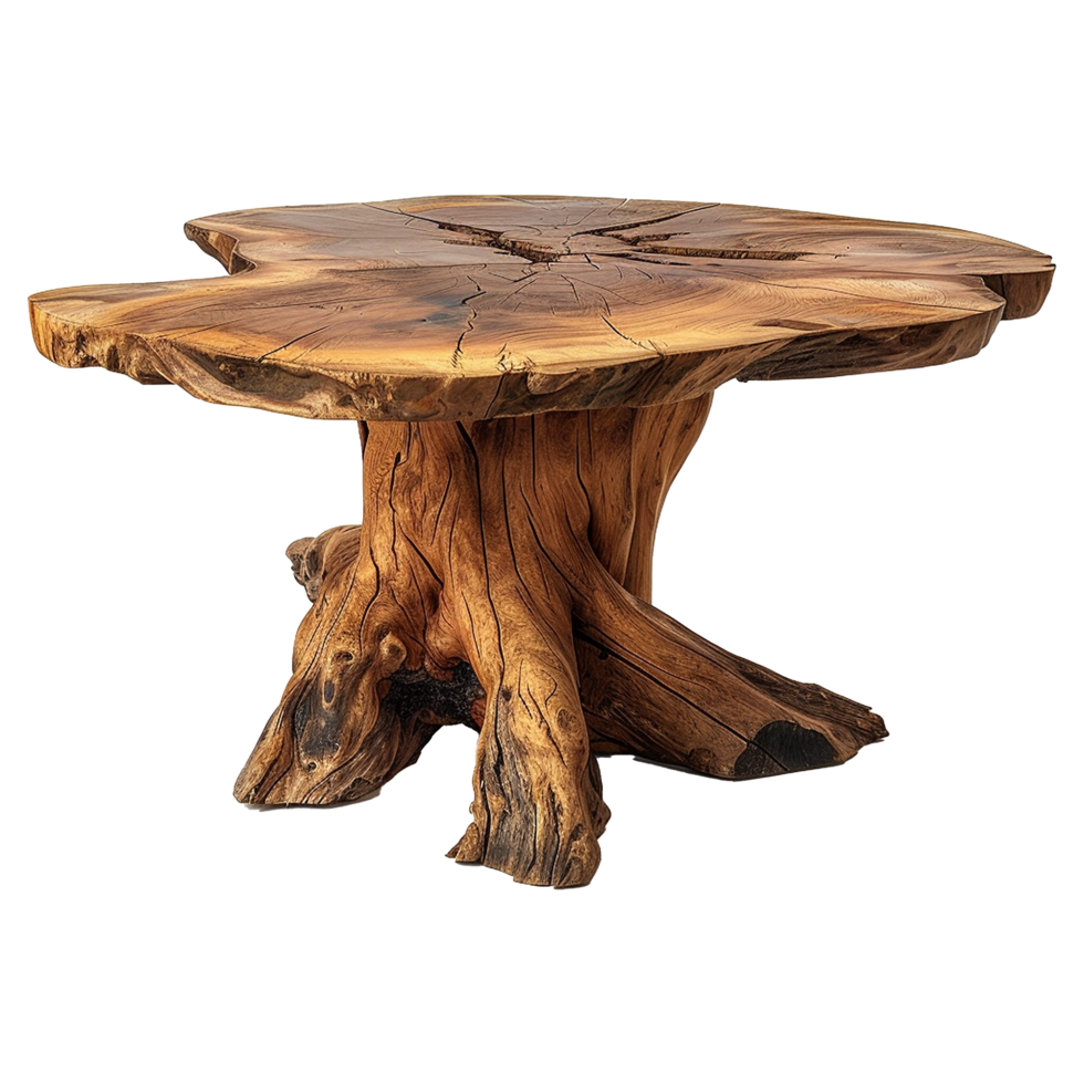 Wooden dining table from old tree isolated on a transparent background png