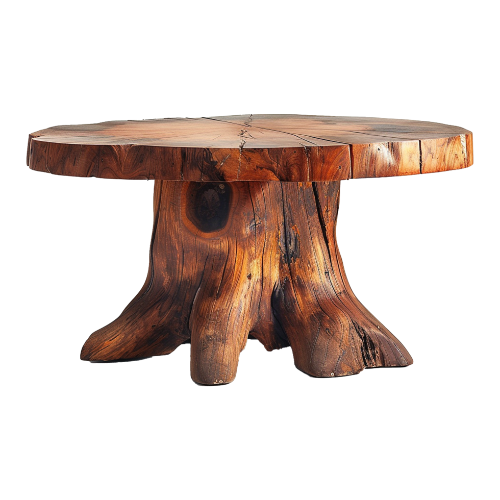 Wooden dining table from old tree isolated on a transparent background png