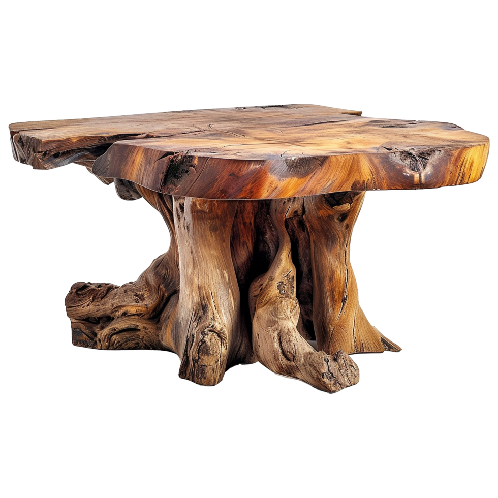 Wooden dining table from old tree isolated on a transparent background png