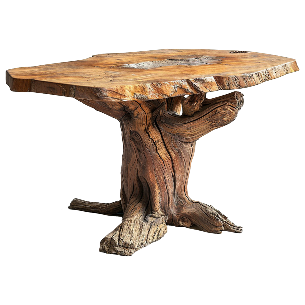 Wooden dining table from old tree isolated on a transparent background png