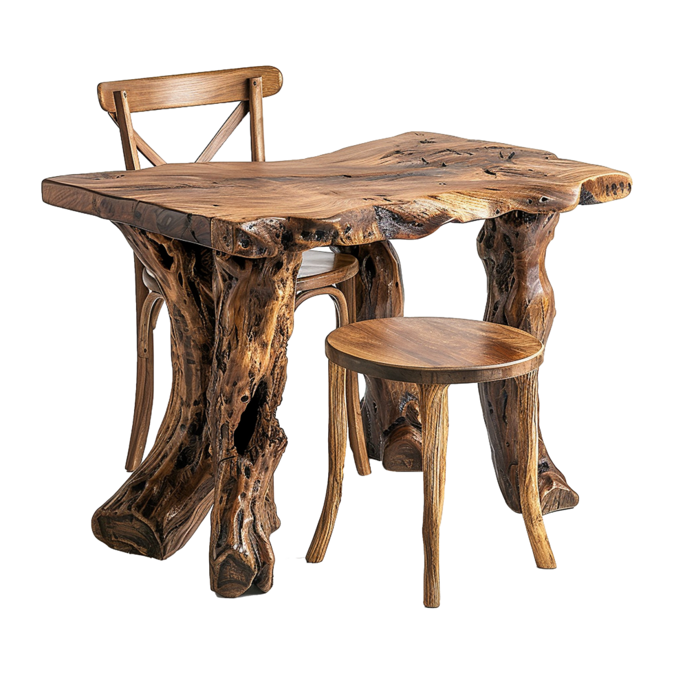 Wooden dining table from old tree isolated on a transparent background png