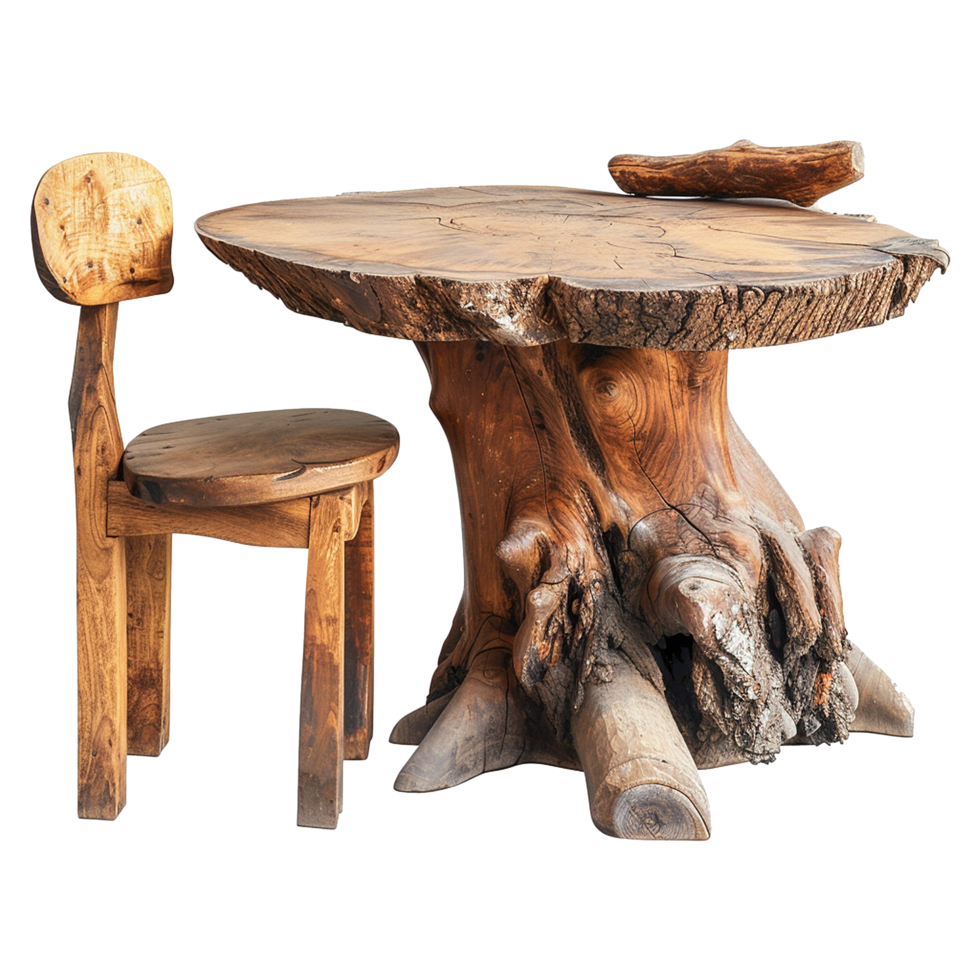 Wooden dining table from old tree isolated on a transparent background png