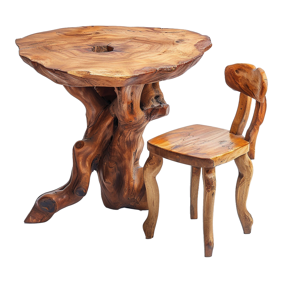 Wooden dining table from old tree isolated on a transparent background png