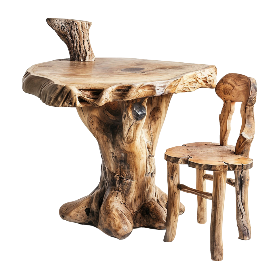 Wooden dining table from old tree isolated on a transparent background png