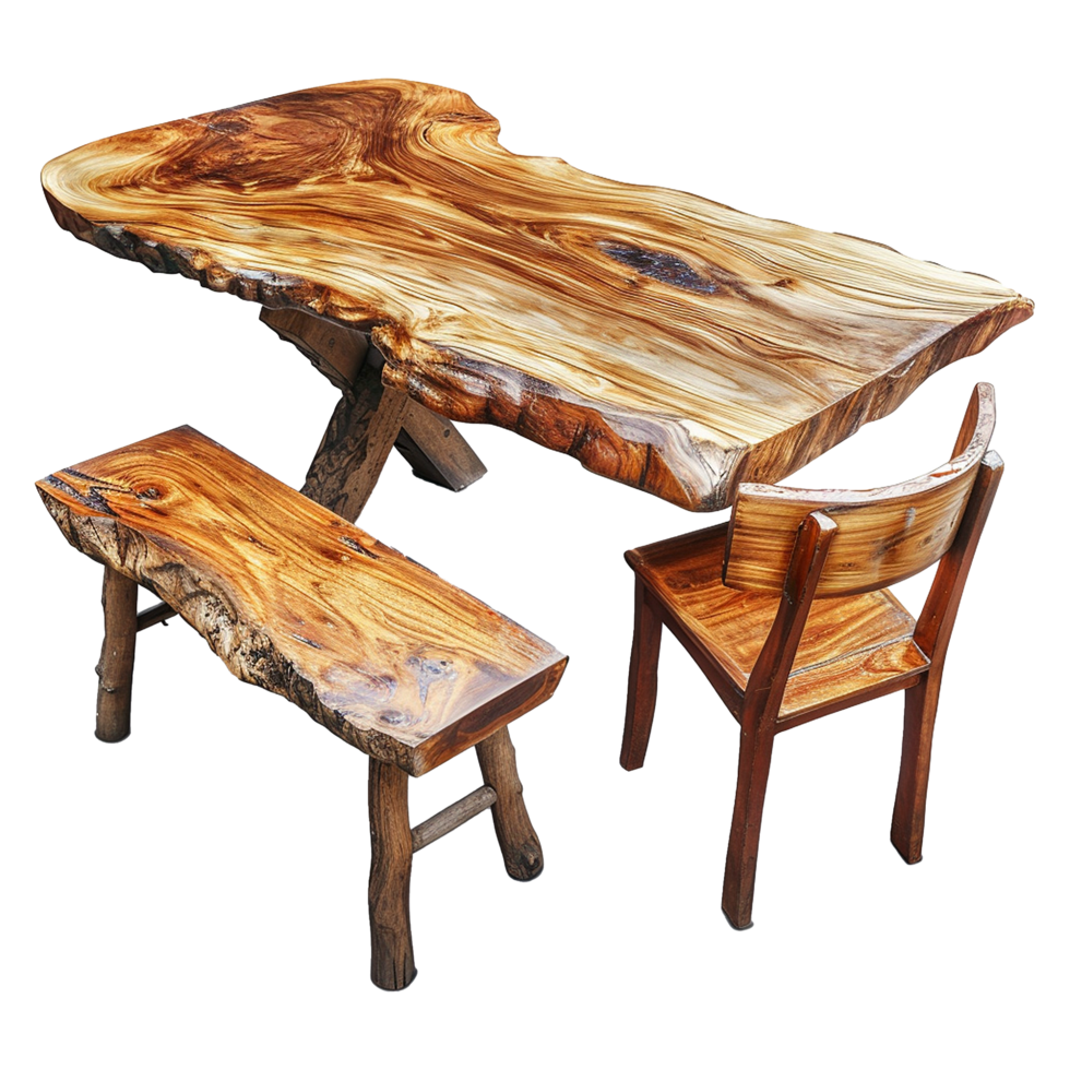 Wooden dining table from old tree isolated on a transparent background png