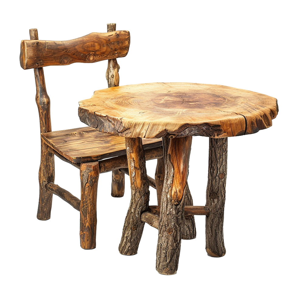 Wooden dining table from old tree isolated on a transparent background png
