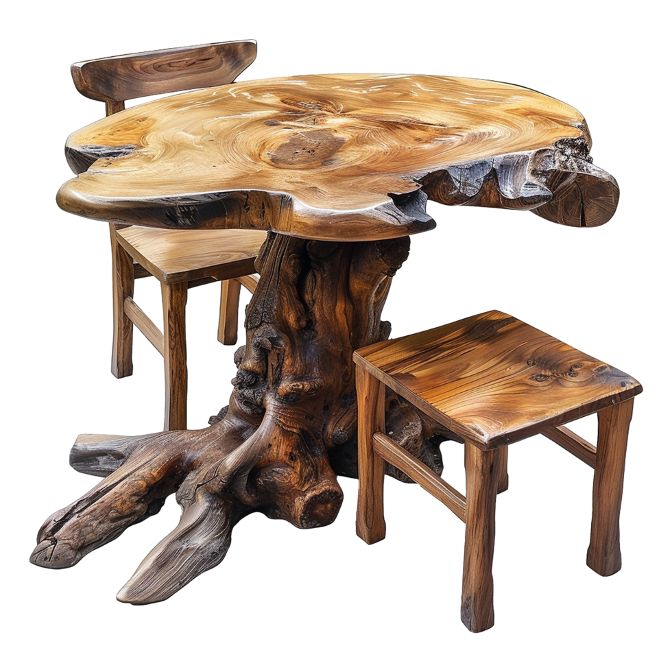 Wooden dining table from old tree isolated on a transparent background png