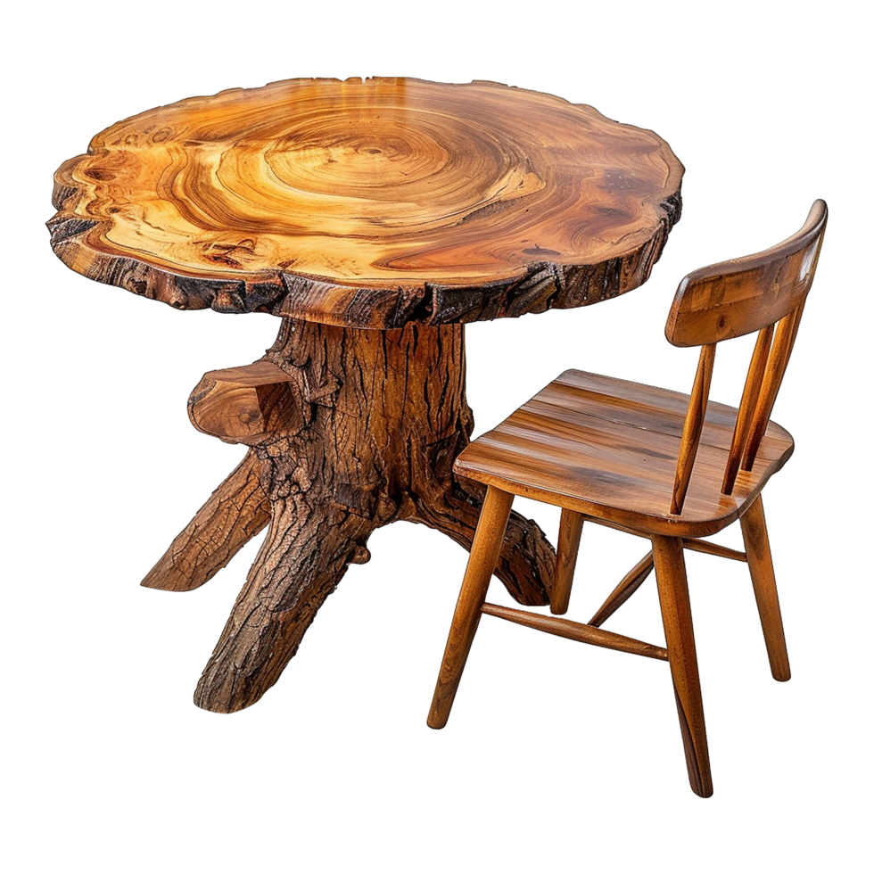 Wooden dining table from old tree isolated on a transparent background png