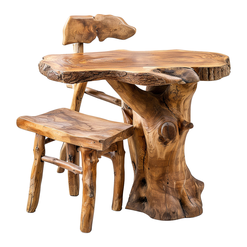 Wooden dining table from old tree isolated on a transparent background png