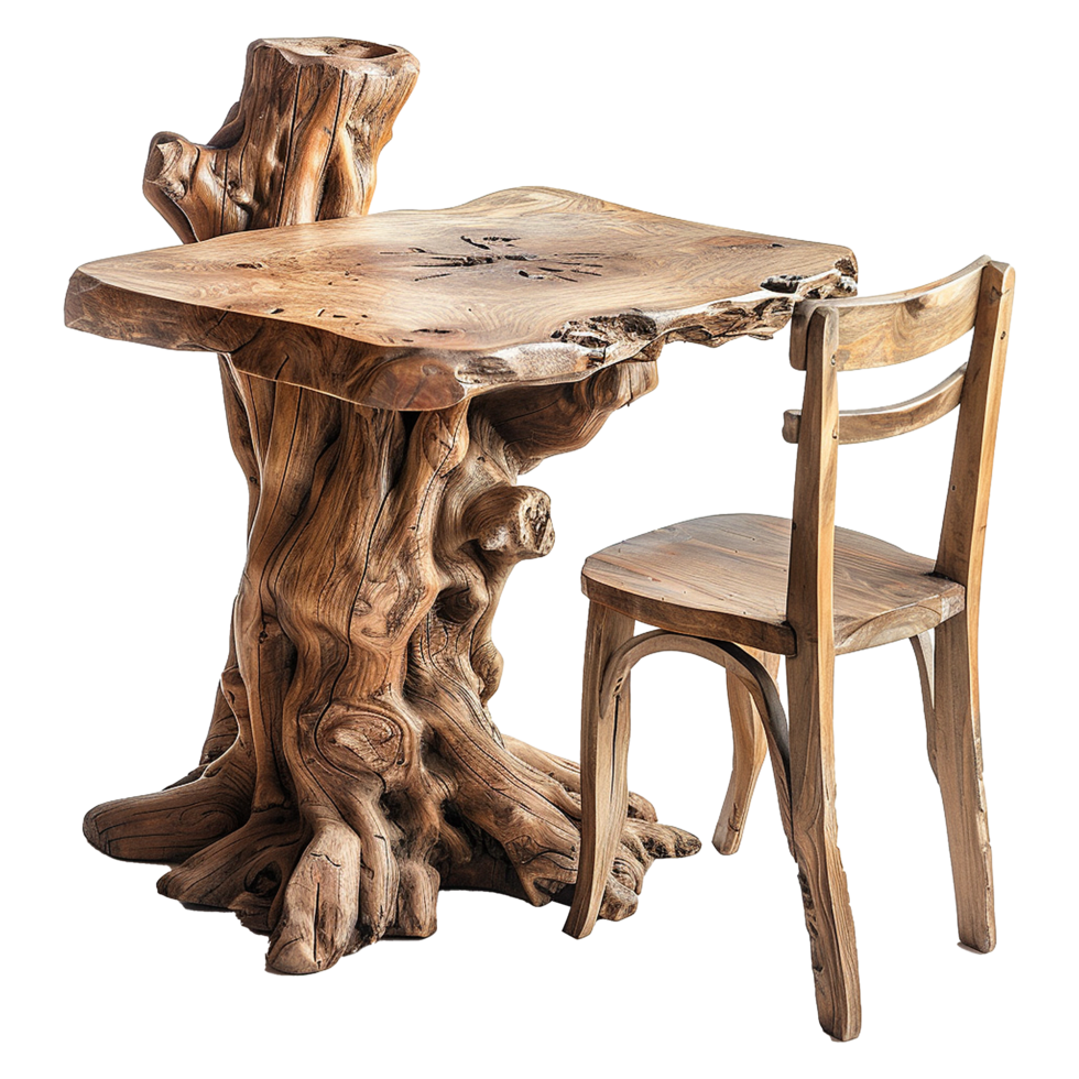 Wooden dining table from old tree isolated on a transparent background png