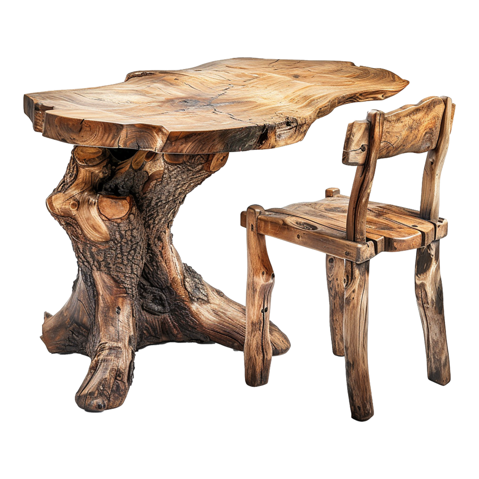 Wooden dining table from old tree isolated on a transparent background png
