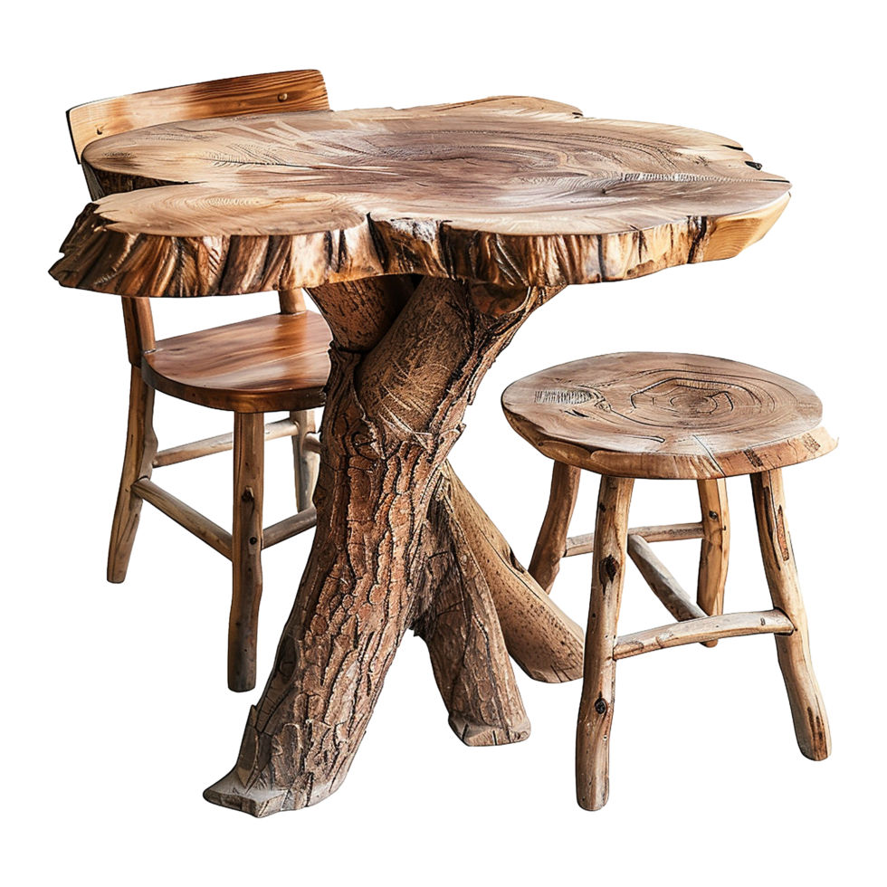 Wooden dining table from old tree isolated on a transparent background png