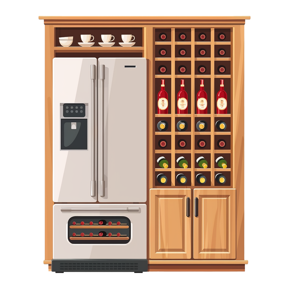 Wine and refrigerator cabinet in the kitchen isolated on transparent background png