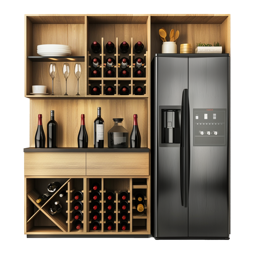 Wine and refrigerator cabinet in the kitchen isolated on transparent background png