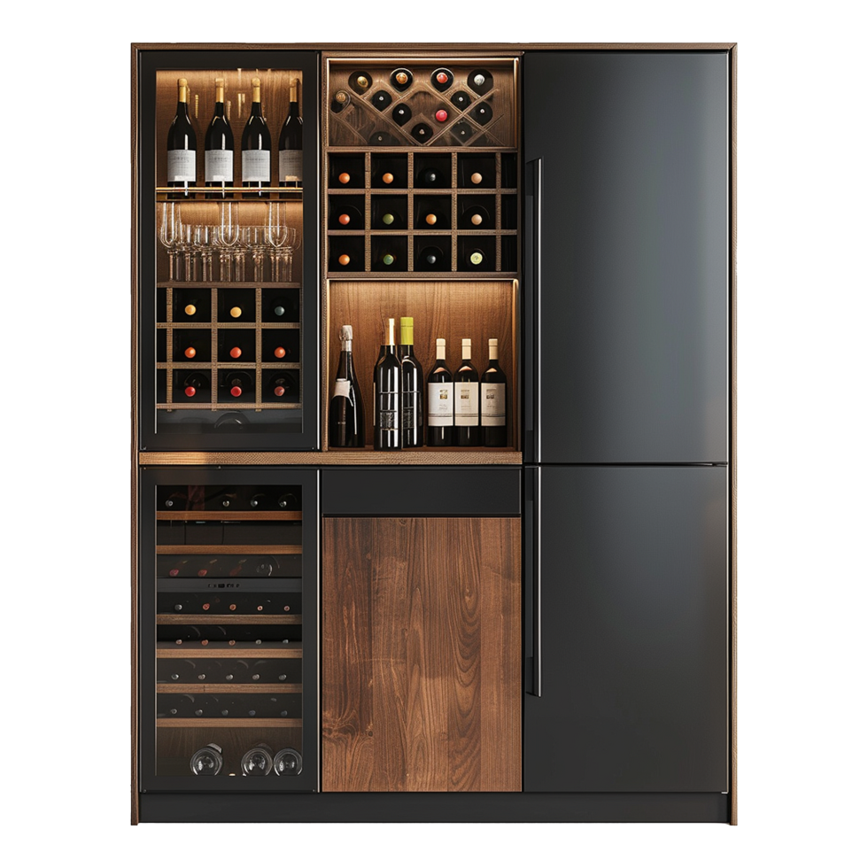 Wine and refrigerator cabinet in the kitchen isolated on transparent background png