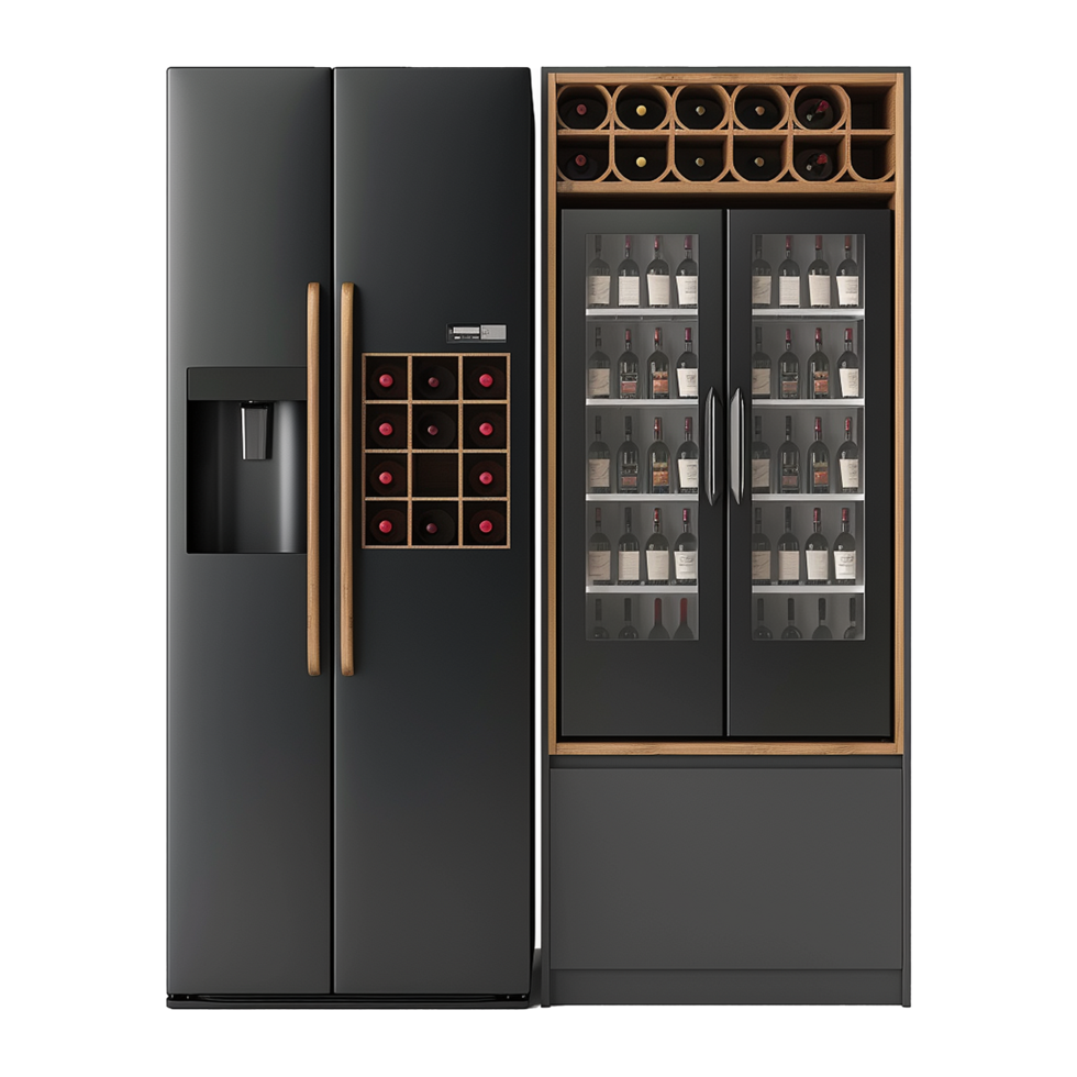 Wine and refrigerator cabinet in the kitchen isolated on transparent background png