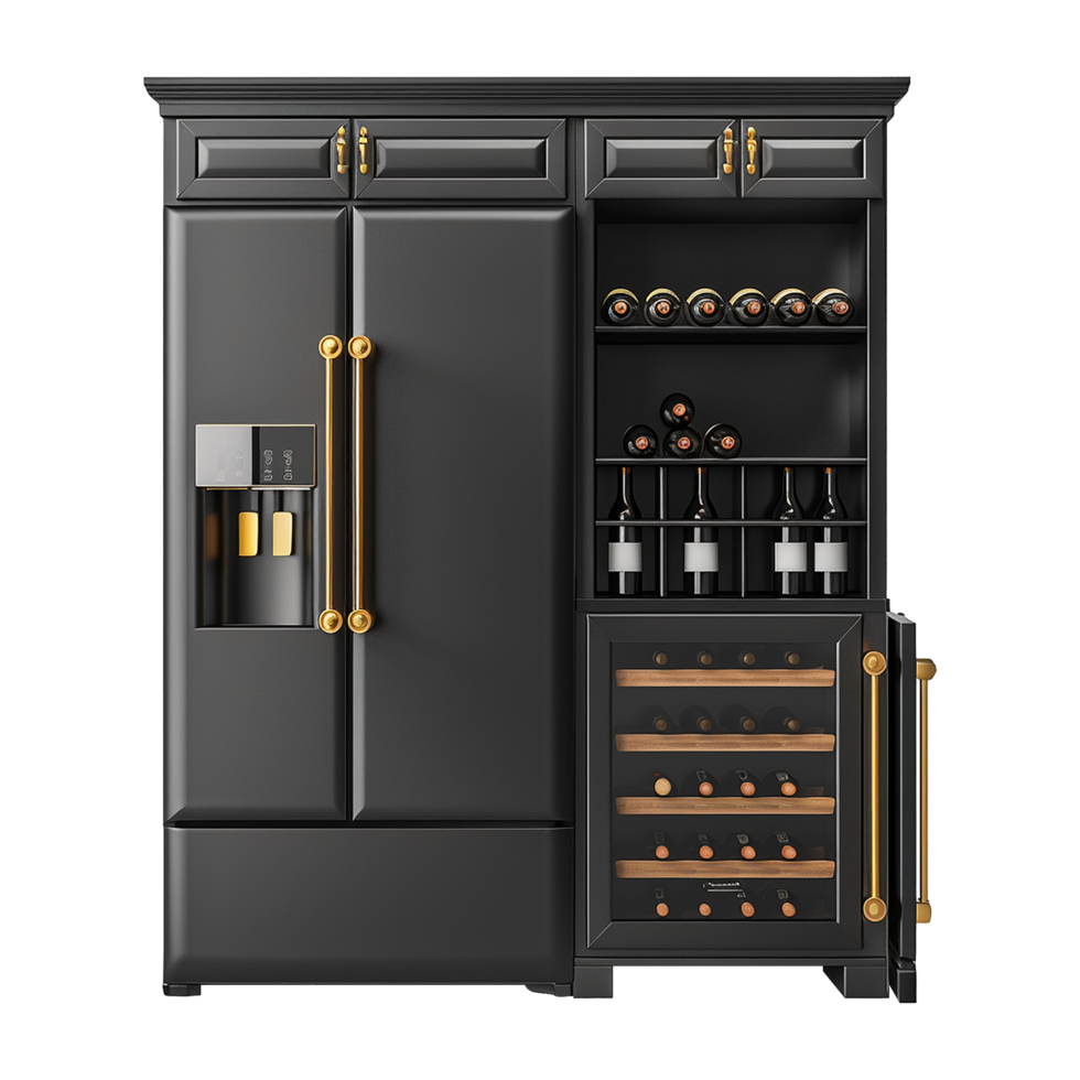 Wine and refrigerator cabinet in the kitchen isolated on transparent background png