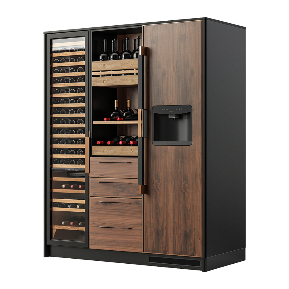 Wine and refrigerator cabinet in the kitchen isolated on transparent background png