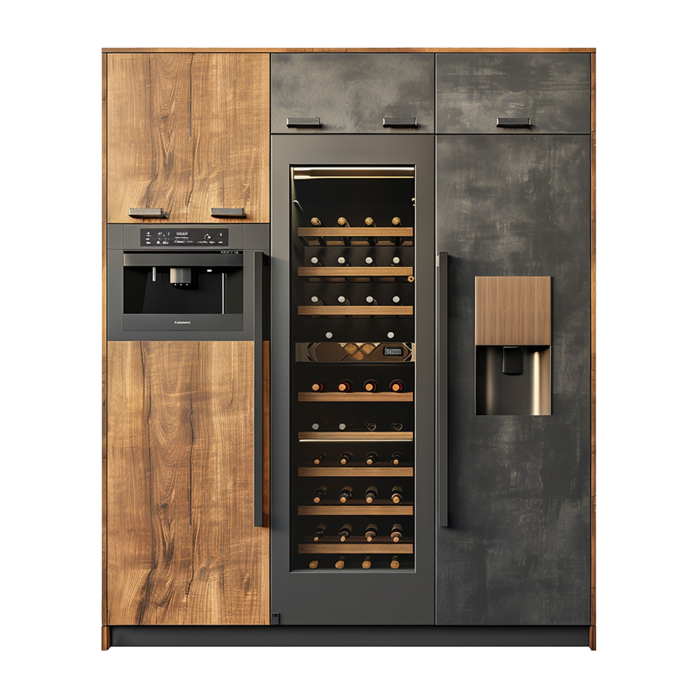 Wine and refrigerator cabinet in the kitchen isolated on transparent background png