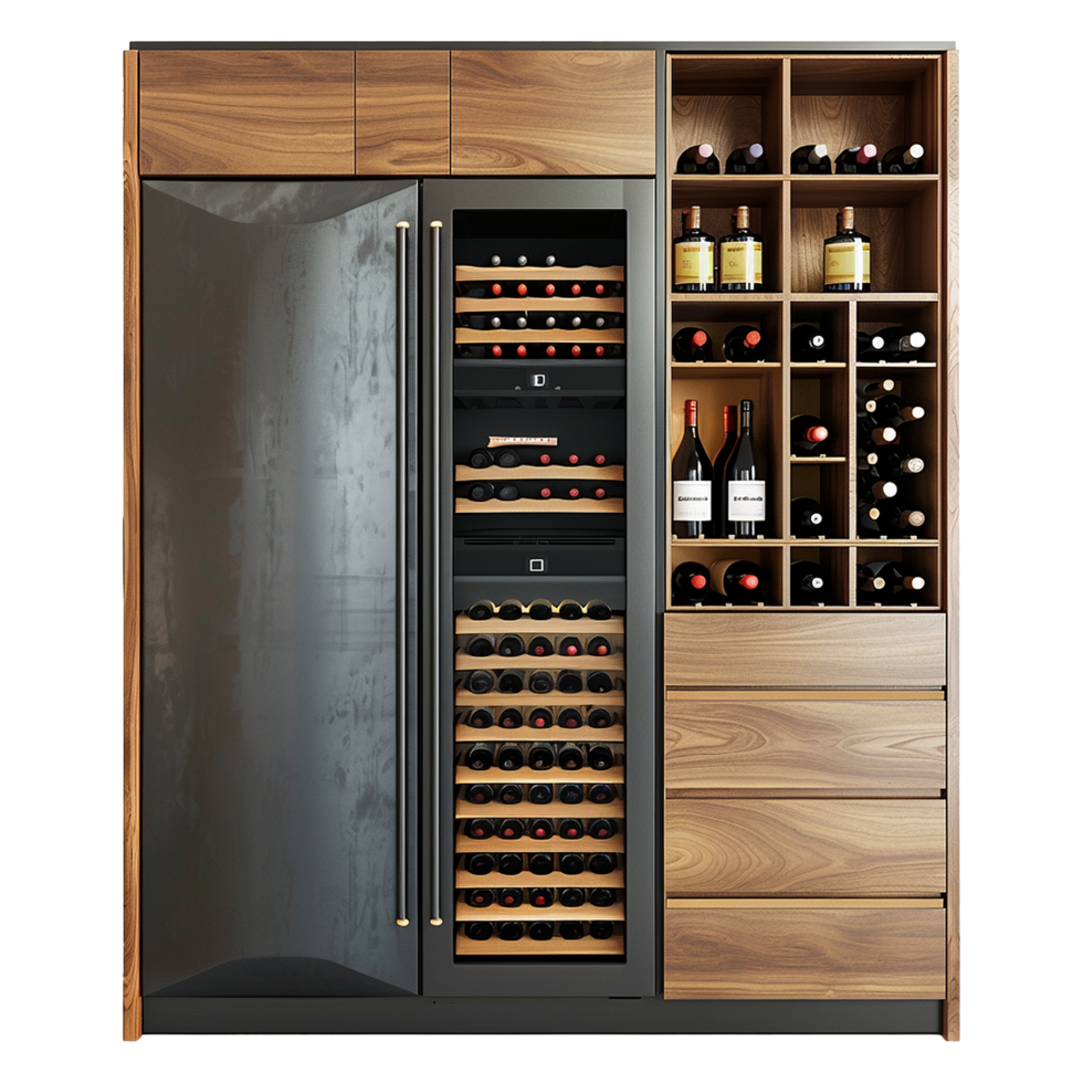 Wine and refrigerator cabinet in the kitchen isolated on transparent background png
