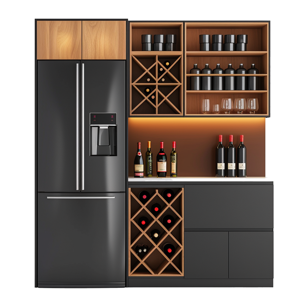 Wine and refrigerator cabinet in the kitchen isolated on transparent background png