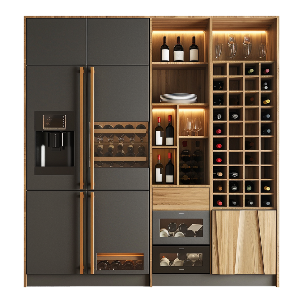 Wine and refrigerator cabinet in the kitchen isolated on transparent background png
