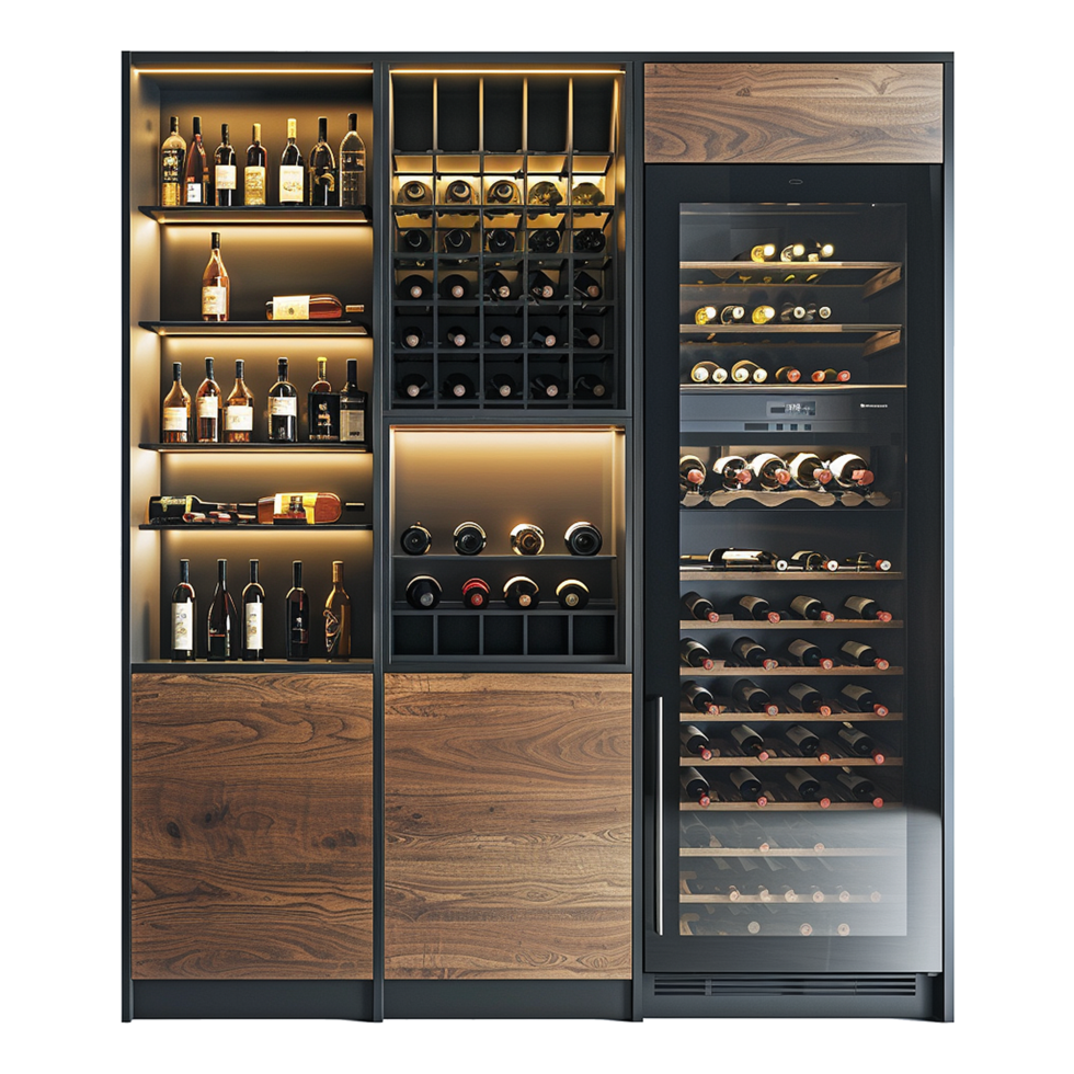 Wine and refrigerator cabinet in the kitchen isolated on transparent background png