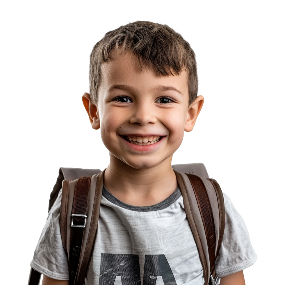 A boy smiling as he smiles with a backpack isolated on transparent background png