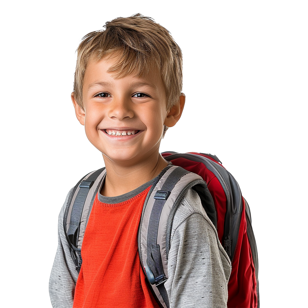 A boy smiling as he smiles with a backpack isolated on transparent background png