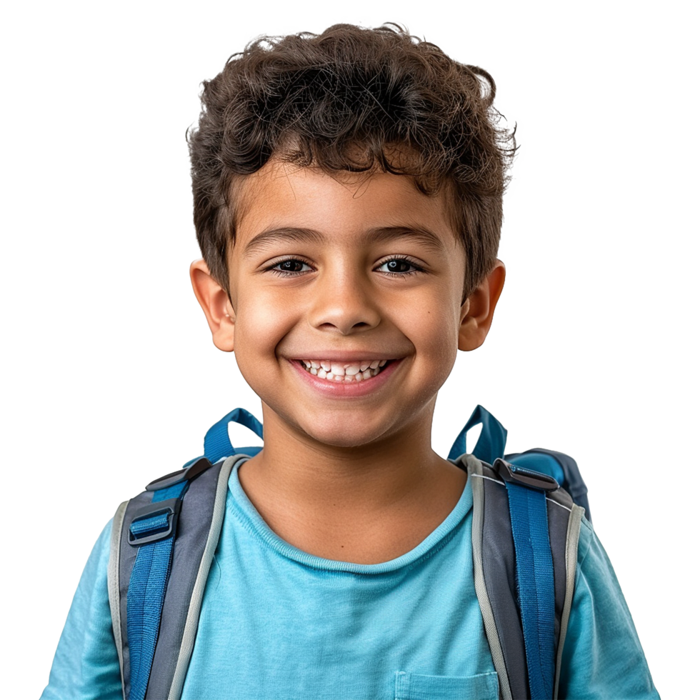 A boy smiling as he smiles with a backpack isolated on transparent background png