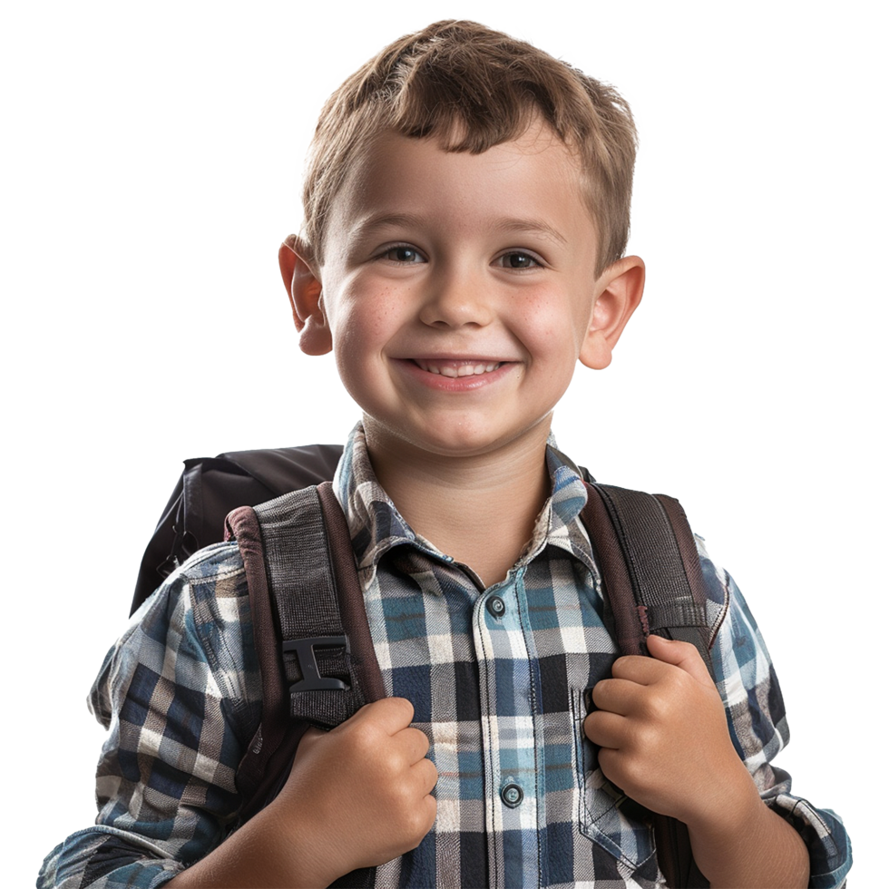 A boy smiling as he smiles with a backpack isolated on transparent background png