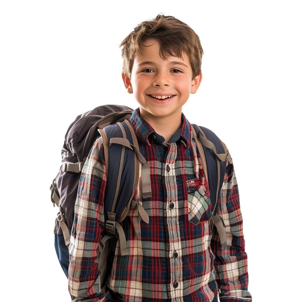 A boy smiling as he smiles with a backpack isolated on transparent background png