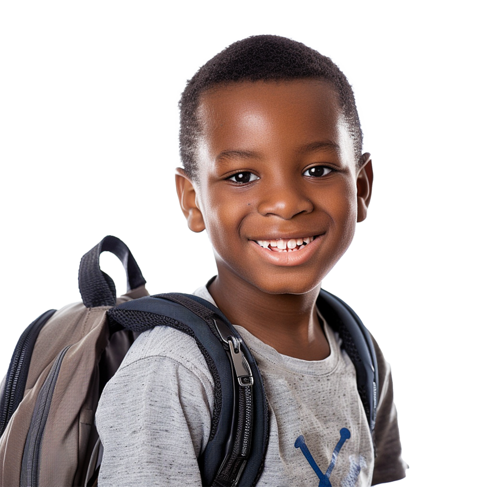 A boy smiling as he smiles with a backpack isolated on transparent background png