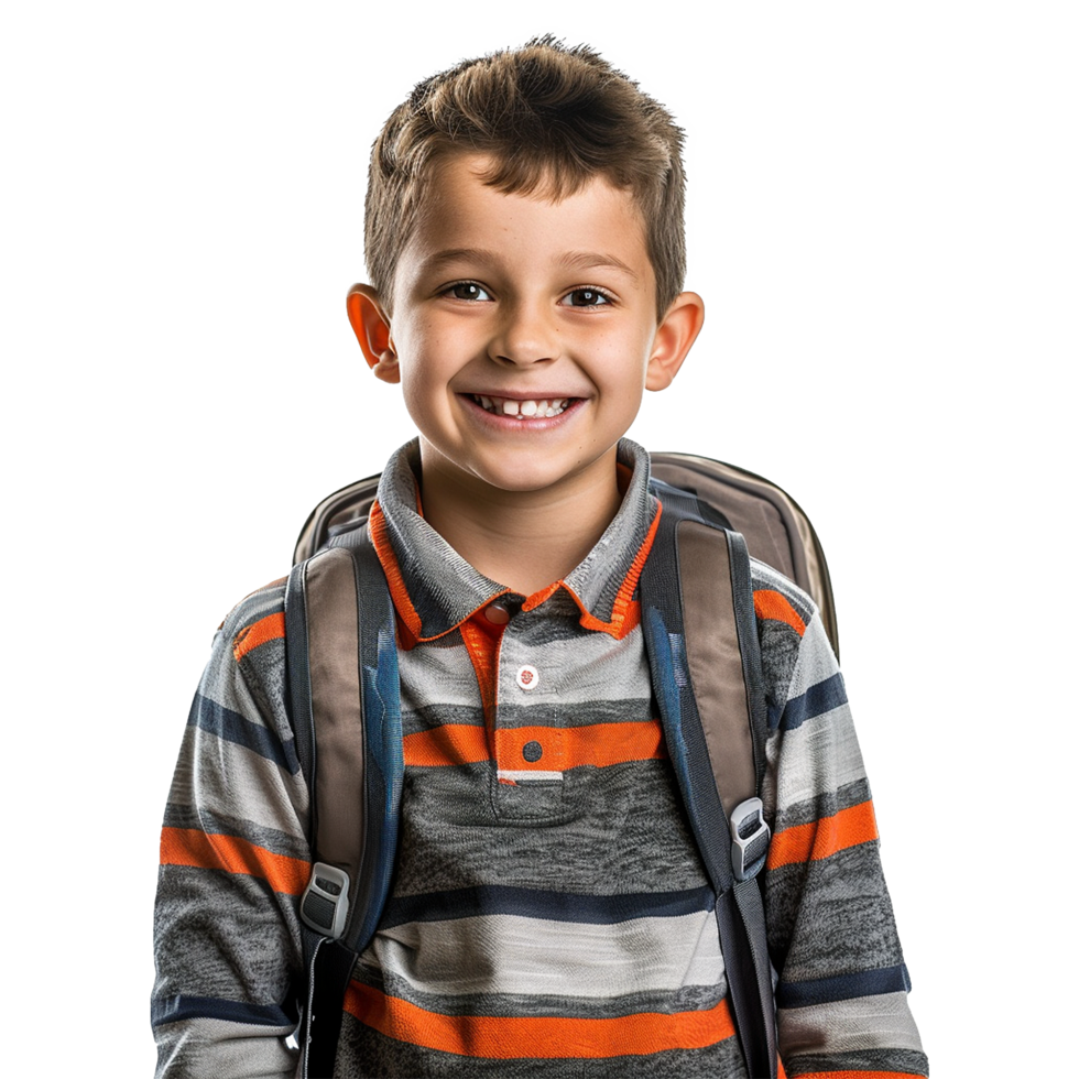 A boy smiling as he smiles with a backpack isolated on transparent background png