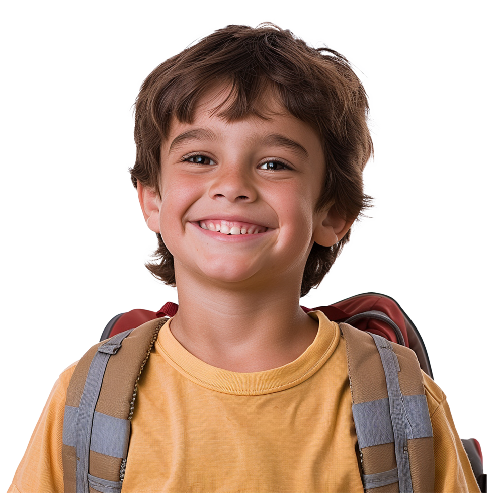 A boy smiling as he smiles with a backpack isolated on transparent background png