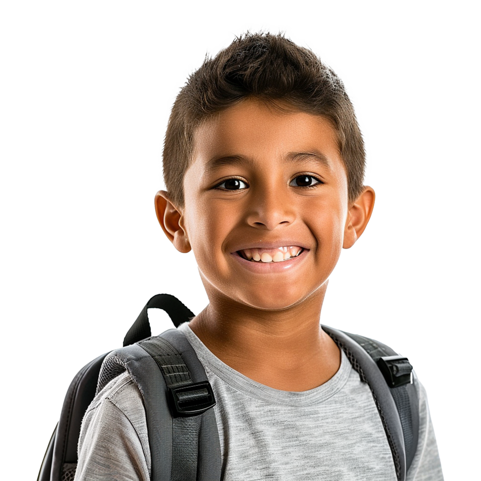 A boy smiling as he smiles with a backpack isolated on transparent background png